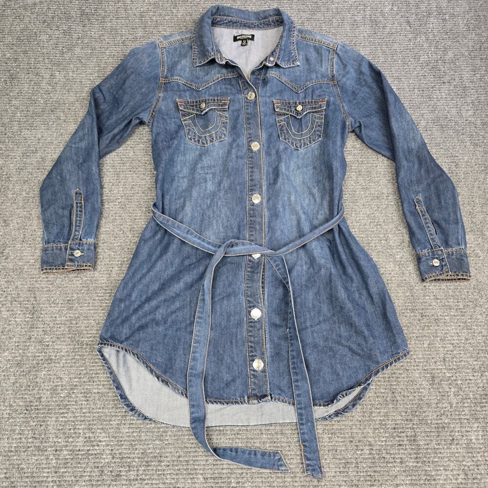 True Religion Georgia Denim Shirt Dress Womens XL Belted Button Front Blue